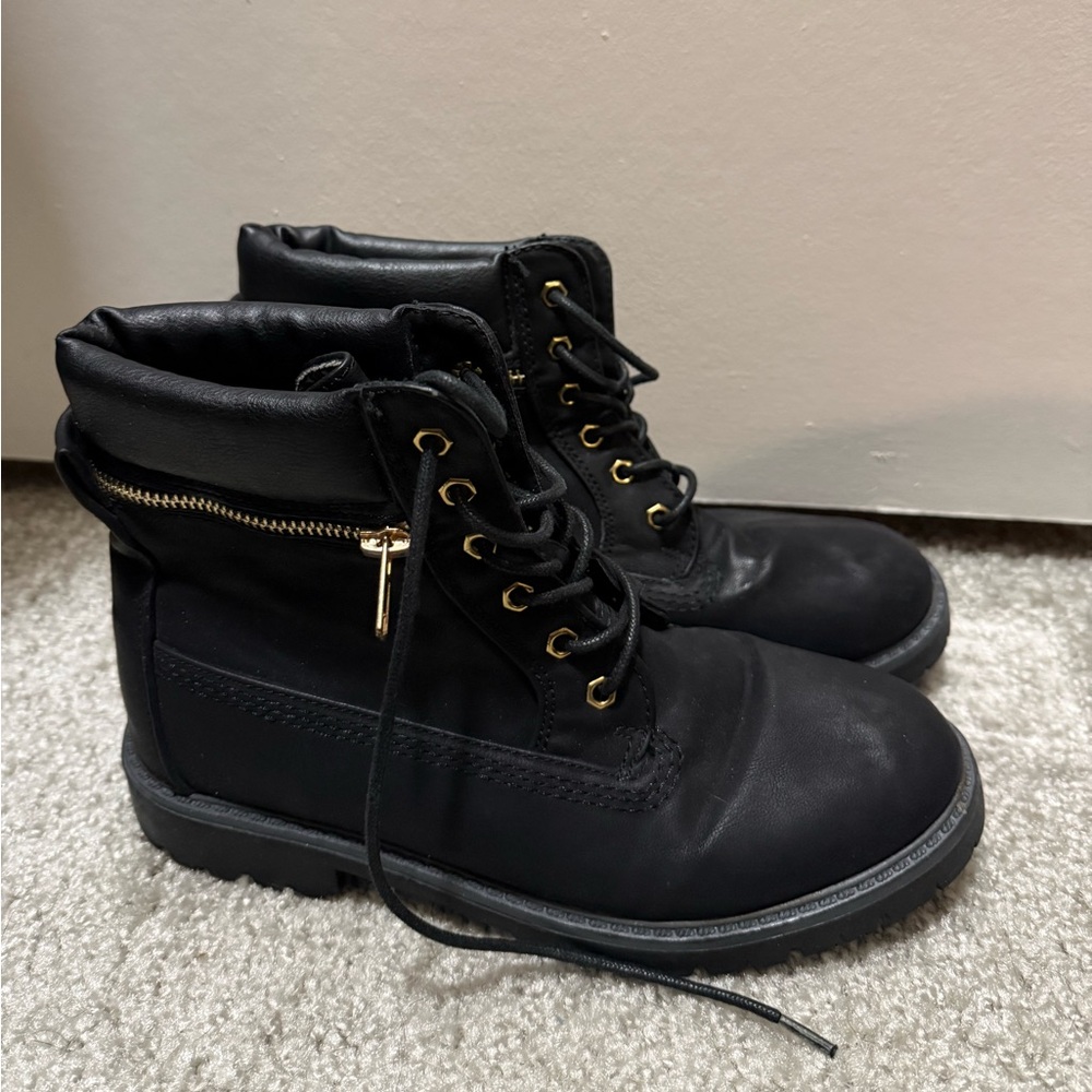 Bella Marie Black Lace Up Boots with Gold Accents